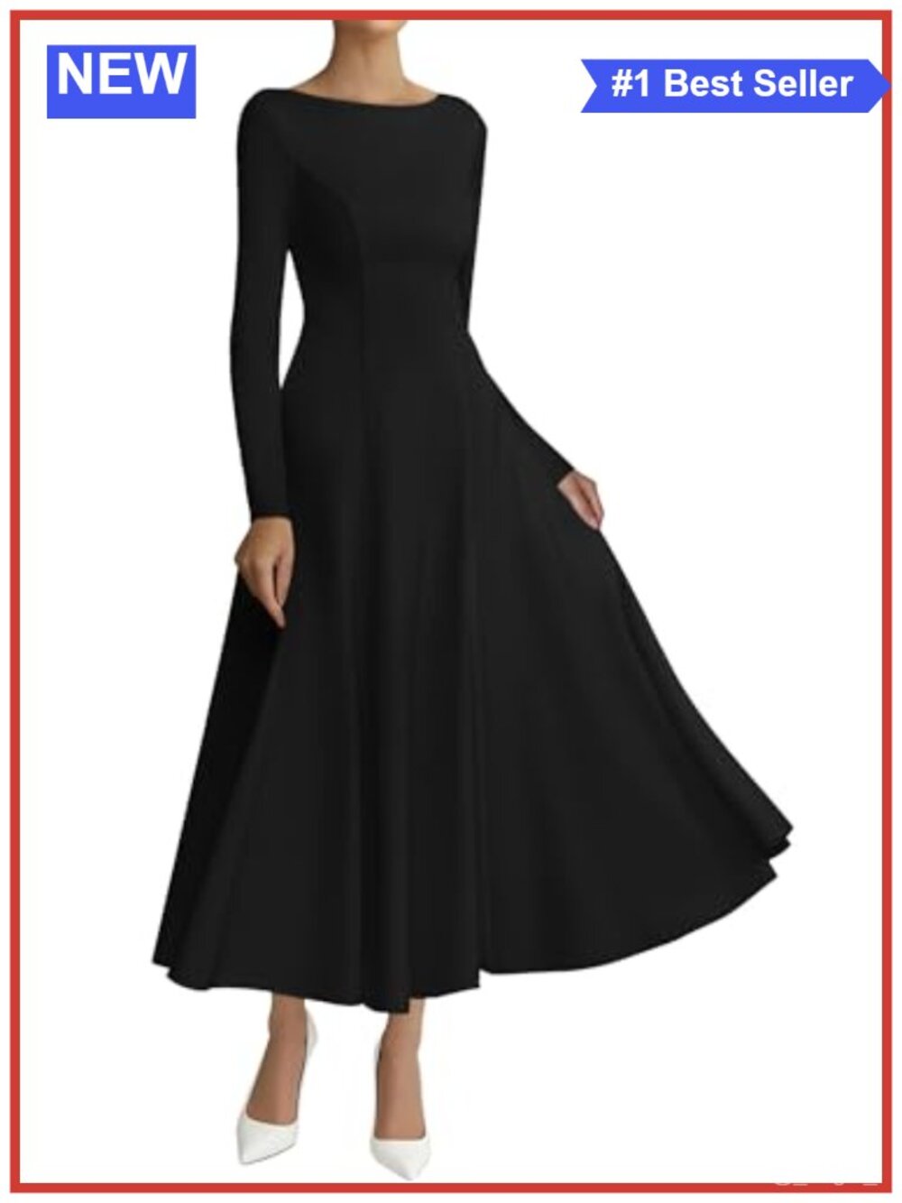Women's Long Sleeve A-Line Maxi Dress Boat Neck Fit & Flare Stretchy Knit
